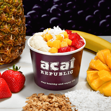 The Cali Bowl - Base: Acai, Pineapple, Mango, Strawberry, Guarana (No Caffeine)
Topping: Granola, Banana, Mango, Pineapple, Strawberry and Coconut Shreds.