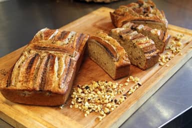Banana Bread - Fresh banana, Walnuts, Flaxseeds, Banana bread mix.